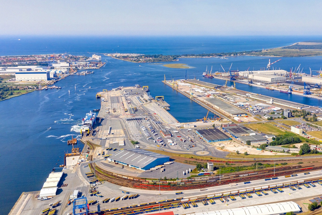Aerial view of Rostock port with the mouth of the Warnow