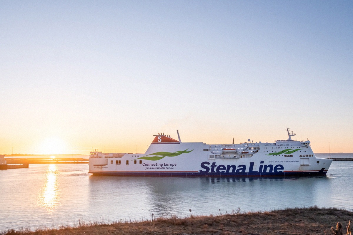 Stena Line ferry Mecklenburg-Vorpommern leaving port at sunset